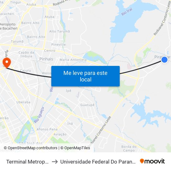 Terminal Metropolitano Piraquara to Universidade Federal Do Paraná Campus Centro Politécnico map