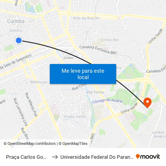 Praça Carlos Gomes (Madrugueiro) to Universidade Federal Do Paraná Campus Centro Politécnico map