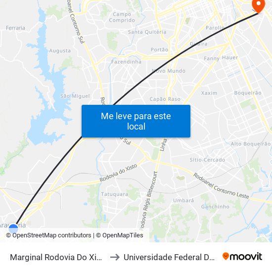 Marginal Rodovia Do Xisto (Br 476) - Hiper Condor Araucária to Universidade Federal Do Paraná Campus Centro Politécnico map