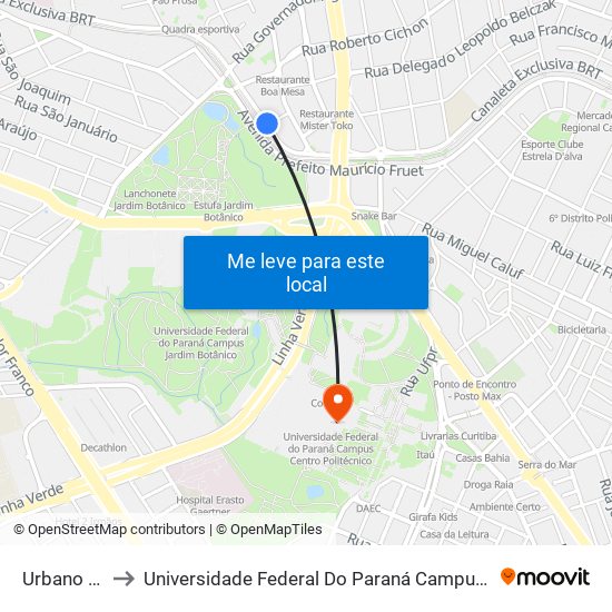 Urbano Lopes to Universidade Federal Do Paraná Campus Centro Politécnico map