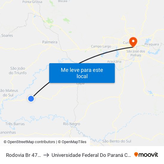 Rodovia Br 476 (Do Xisto) to Universidade Federal Do Paraná Campus Centro Politécnico map