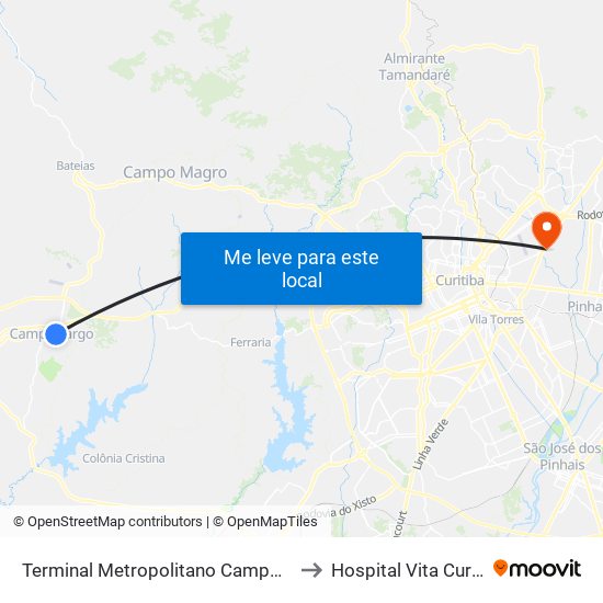 Terminal Metropolitano Campo Largo to Hospital Vita Curitiba map