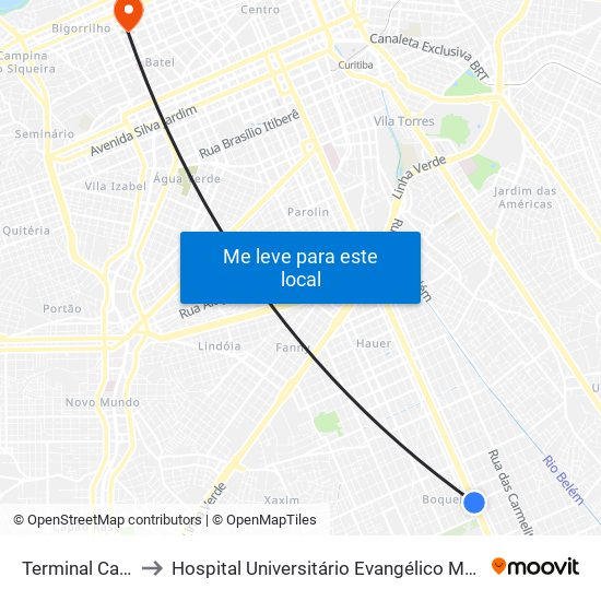 Terminal Carmo to Hospital Universitário Evangélico Mackenzie map