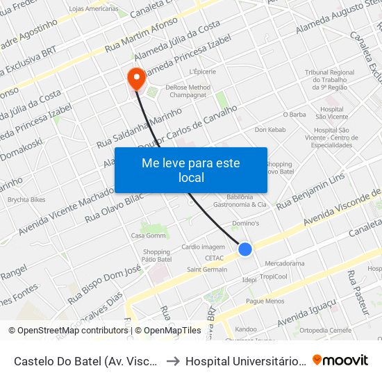 Castelo Do Batel (Av. Visconde De Guarapuava, 4610) to Hospital Universitário Evangélico Mackenzie map