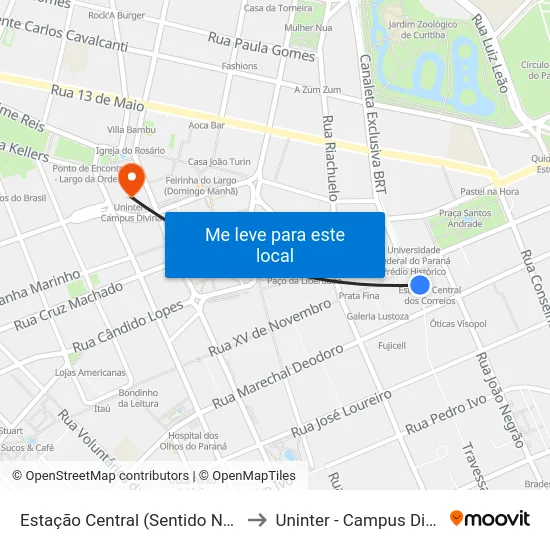 Estação Central (Sentido Norte) to Uninter - Campus Divina map