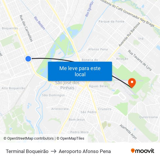 Terminal Boqueirão to Aeroporto Afonso Pena map