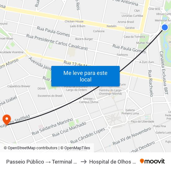 Passeio Público → Terminal Santa Cândida to Hospital de Olhos do Paraná map