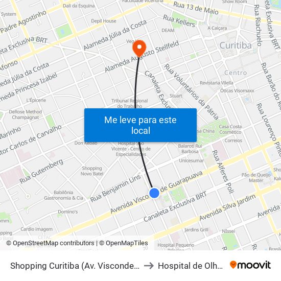 Shopping Curitiba (Av. Visconde De Guarapuava, 3850) to Hospital de Olhos do Paraná map