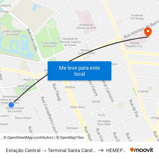 Estação Central → Terminal Santa Cândida to HEMEPAR map