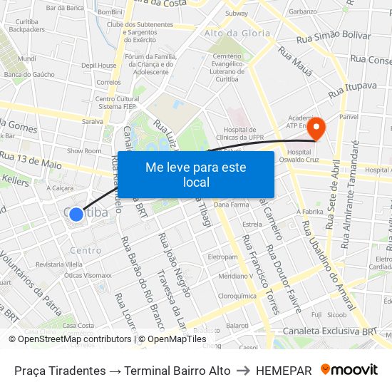 Praça Tiradentes → Terminal Bairro Alto to HEMEPAR map
