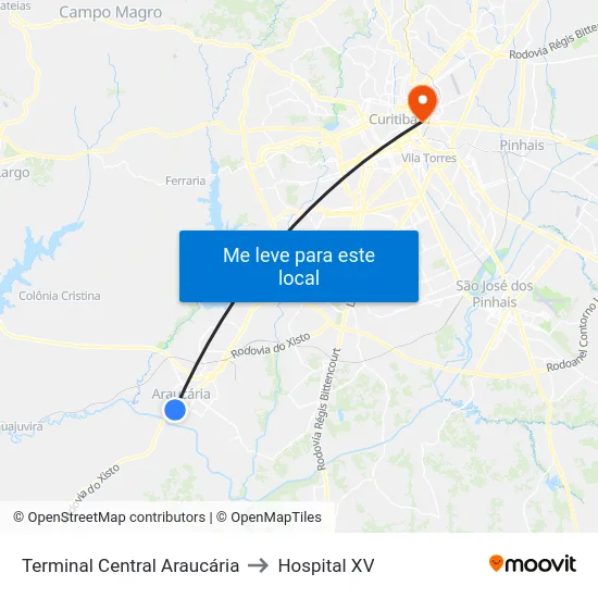Terminal Central Araucária to Hospital XV map