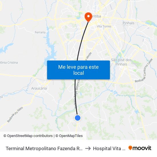 Terminal Metropolitano Fazenda Rio Grande to Hospital Vita Batel map