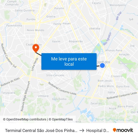 Terminal Central São José Dos Pinhais (Integração Total) to Hospital Dos Olhos map