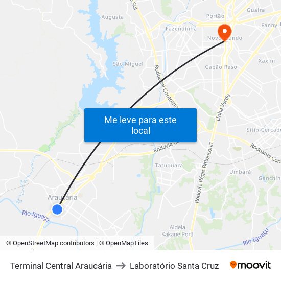 Terminal Central Araucária to Laboratório Santa Cruz map