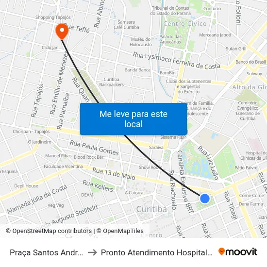 Praça Santos Andrade to Pronto Atendimento Hospital Pilar map