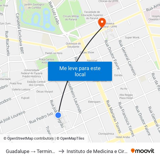 Guadalupe → Terminal Pinheirinho to Instituto de Medicina e Cirurgia do Paraná map
