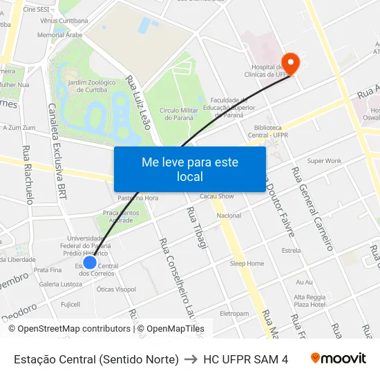 Estação Central (Sentido Norte) to HC UFPR SAM 4 map