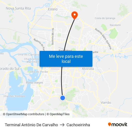 Terminal Antônio De Carvalho to Cachoeirinha map