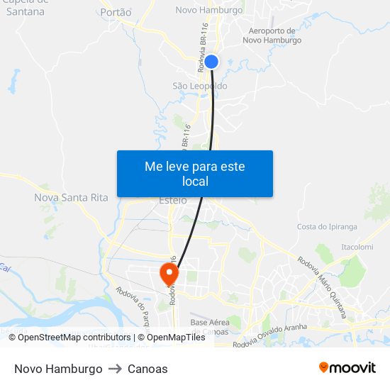 Novo Hamburgo to Canoas map