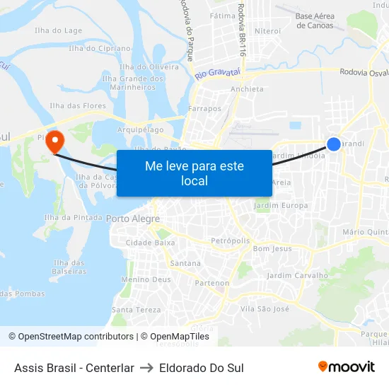Assis Brasil - Centerlar to Eldorado Do Sul map