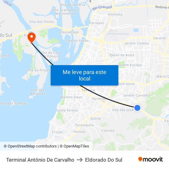 Terminal Antônio De Carvalho to Eldorado Do Sul map