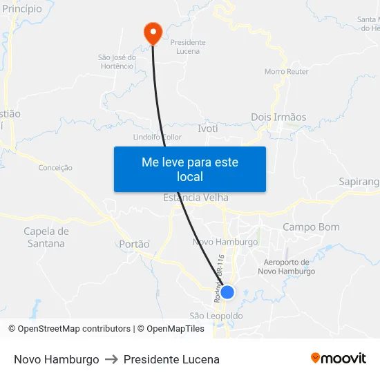 Novo Hamburgo to Presidente Lucena map