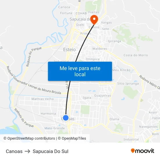 Canoas to Sapucaia Do Sul map