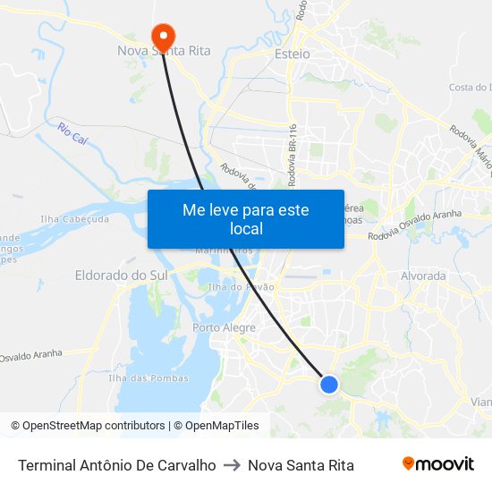 Terminal Antônio De Carvalho to Nova Santa Rita map