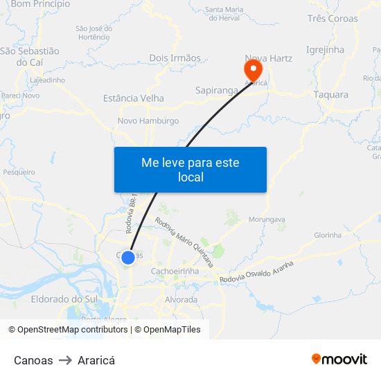 Canoas to Araricá map