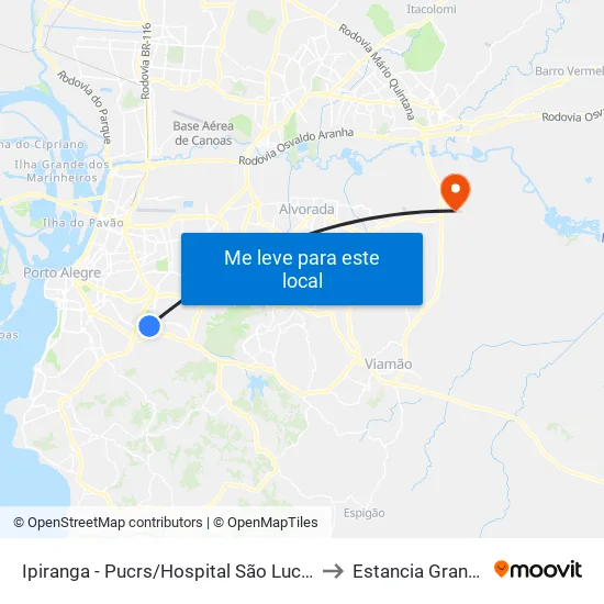 Ipiranga - Pucrs/Hospital São Lucas to Estancia Grande map