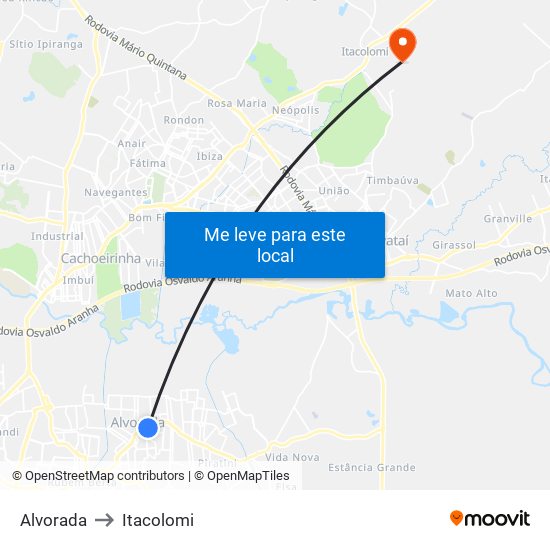 Alvorada to Itacolomi map