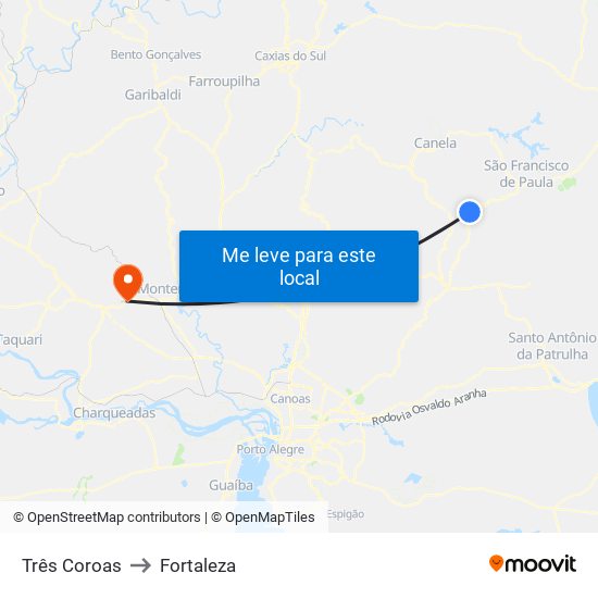 Três Coroas to Fortaleza map