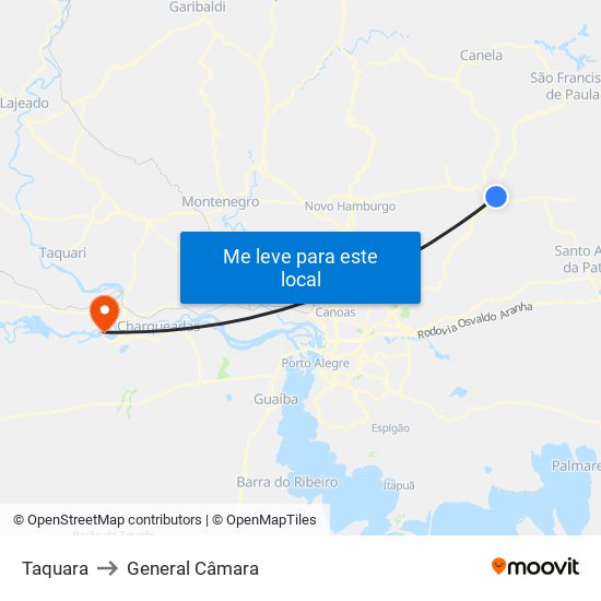 Taquara to General Câmara map