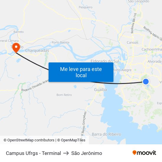 Campus Ufrgs - Terminal to São Jerônimo map