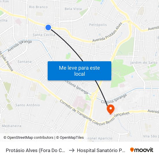 Protásio Alves (Fora Do Corredor) to Hospital Sanatório Partenon map