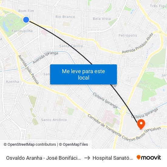 Osvaldo Aranha - José Bonifácio (Fora Do Corredor) to Hospital Sanatório Partenon map