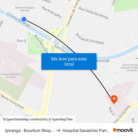 Ipiranga - Bourbon Shopping to Hospital Sanatório Partenon map