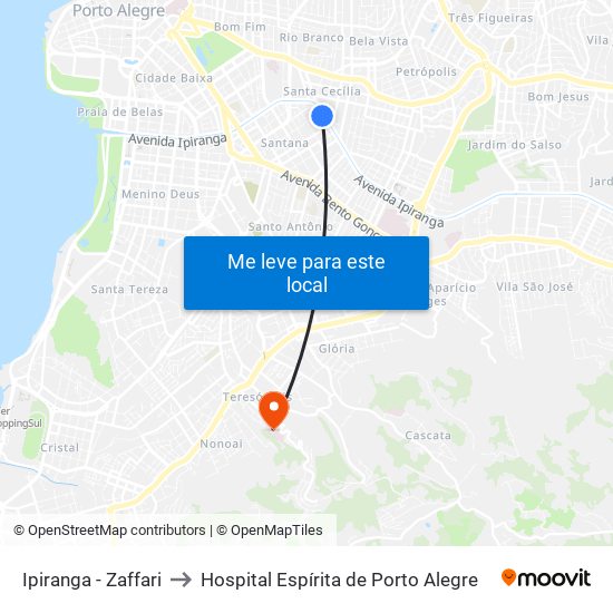 Ipiranga - Zaffari to Hospital Espírita de Porto Alegre map