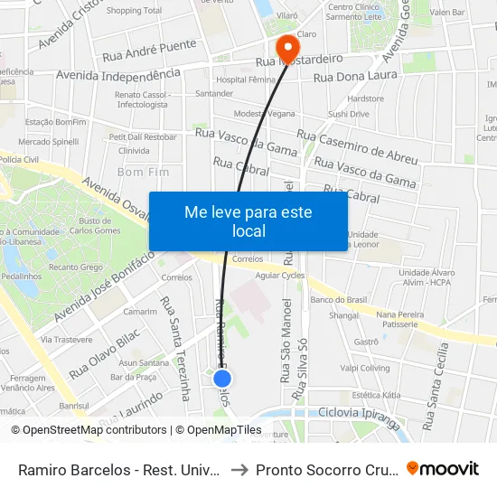 Ramiro Barcelos - Rest. Universitário to Pronto Socorro Cruz Azul map