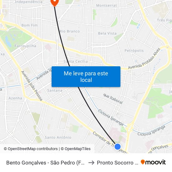 Bento Gonçalves - São Pedro (Fora Do Corredor) to Pronto Socorro Cruz Azul map