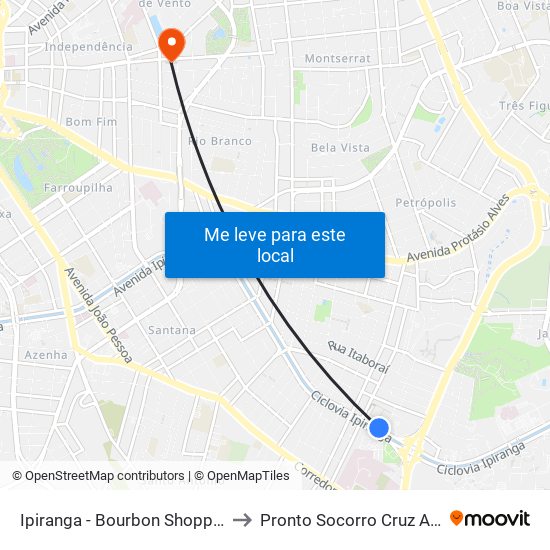 Ipiranga - Bourbon Shopping to Pronto Socorro Cruz Azul map