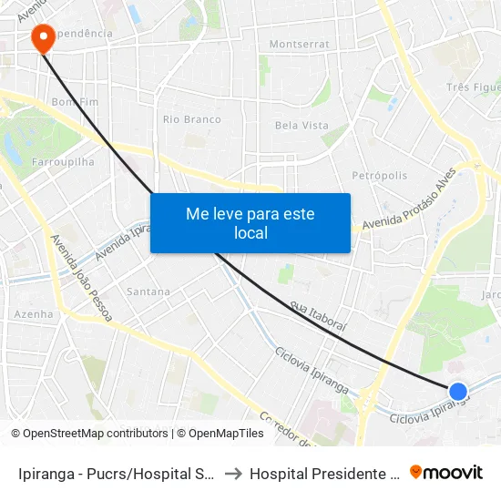 Ipiranga - Pucrs/Hospital São Lucas to Hospital Presidente Vargas map