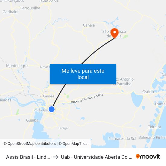 Assis Brasil - Lindóia (Fora Do Corredor) to Uab - Universidade Aberta Do Brasil - Polo São Francisco De Paula map