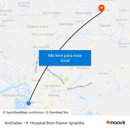 Andradas to Hospital Bom Pastor Igrejinha map