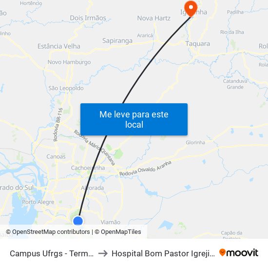 Campus Ufrgs - Terminal to Hospital Bom Pastor Igrejinha map