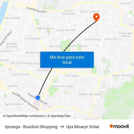 Ipiranga - Bourbon Shopping to Upa Moacyr Scliar map