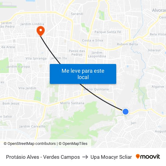 Protásio Alves - Verdes Campos to Upa Moacyr Scliar map
