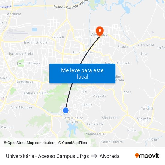 Universitária - Acesso Campus Ufrgs to Alvorada map