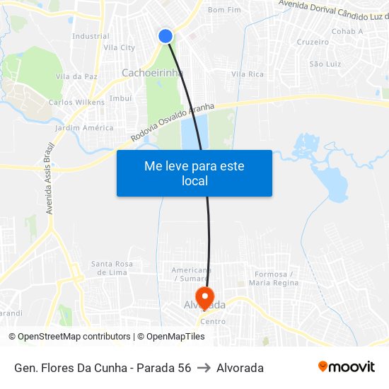 Gen. Flores Da Cunha - Parada 56 to Alvorada map