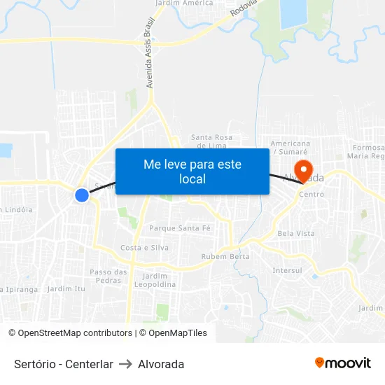 Sertório - Centerlar to Alvorada map